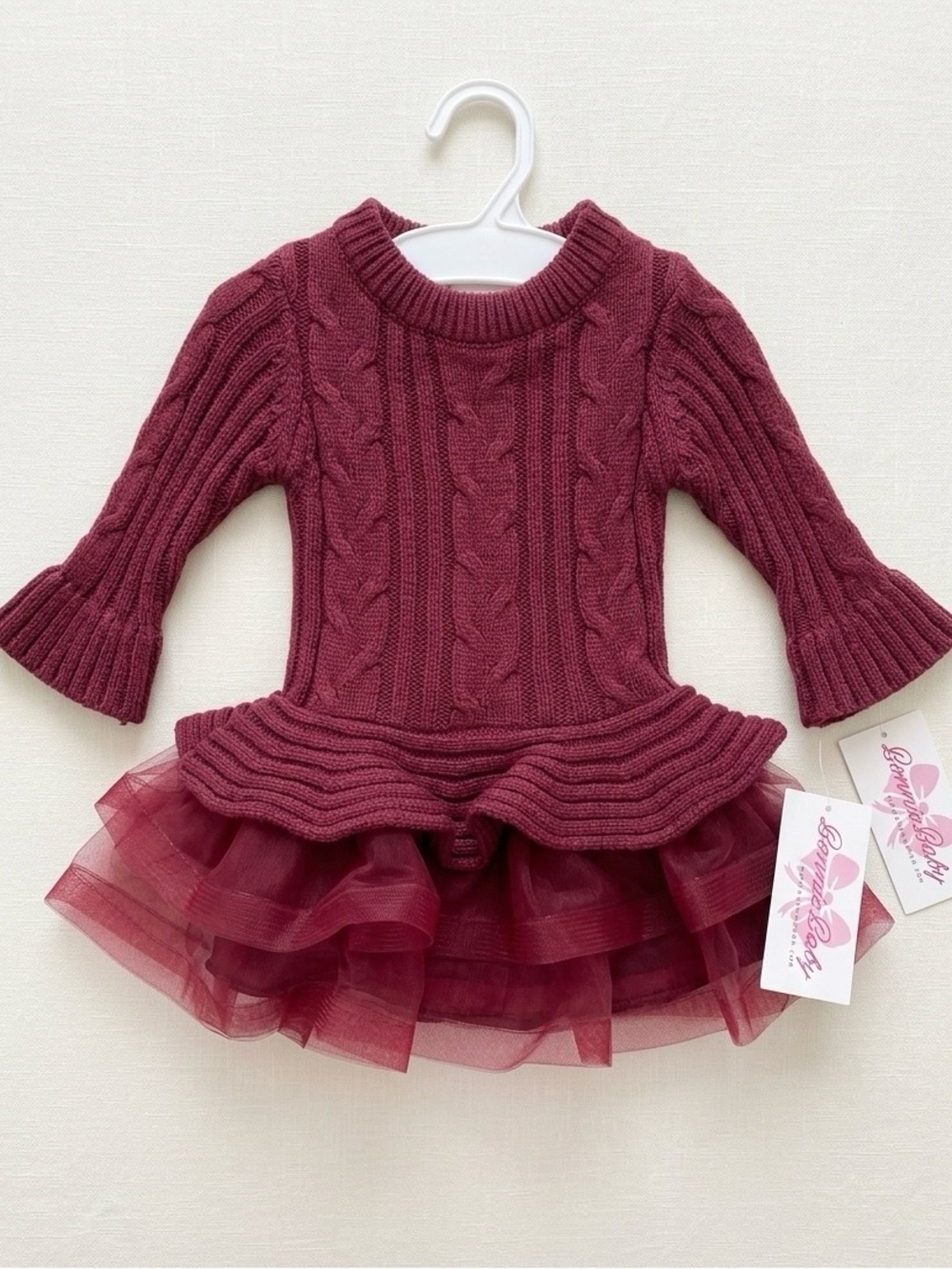 Bonnie Baby Burgundy Red Cable Knit Tulle Peplum Dress - holiday wear - size 12m